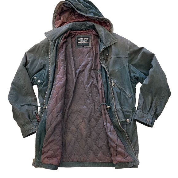 Vintage 80s 90s Grunge 100% Leather Worn Forest Green Heavy Coat Jacket Men's M - Picture 6 of 14